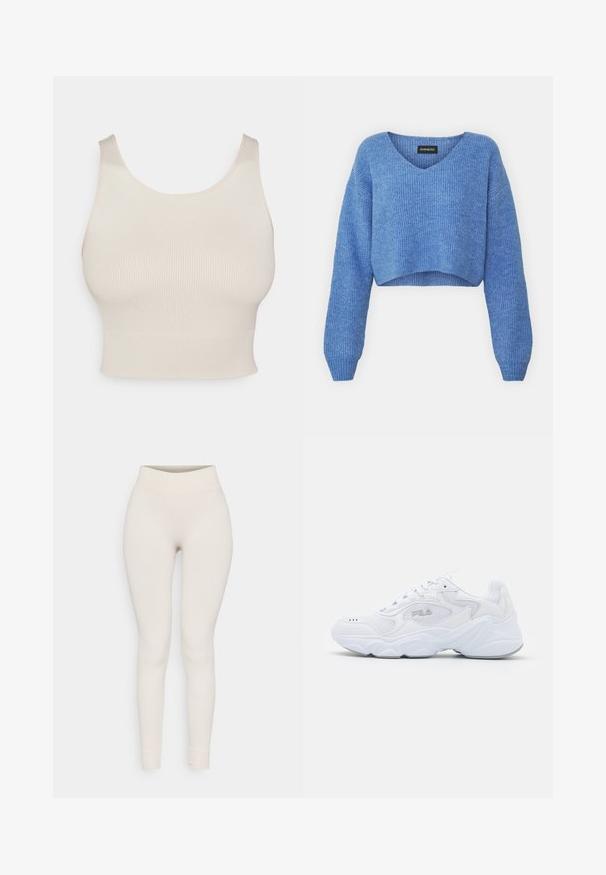 Blauer, verkürzter Pullover mit V-Ausschnitt, gerippter Struktur und langen Ärmeln. Aus weichem Material gefertigt. Etikett: even&odd.; Beiger gerippter Cropped-Top mit breiten Trägern, einem runden Halsausschnitt und einer figurbetonten Taille. Die Textur ist glatt, mit einem dehnbaren, leichten Stoff.; Rippleggings in Beige mit hohem Bund und figurbetontem Schnitt. Glatte Textur mit schmal zulaufenden Beinen und Bündchen am Saum.; Weißer Sportschuh mit einem strukturierten Mesh-Obermaterial, gepolstertem Schaft und klobiger Sohle. Verfügt über ein Logo an der Seite und eine Schnürung.
