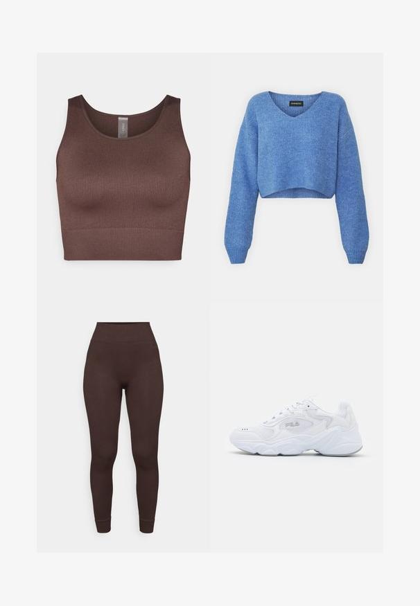 Modrý skrátený sveter s výstrihom do V, rebrovanou textúrou a dlhými rukávmi. Vyrobený z mäkkého materiálu. Značka: even&odd.; Hnedý rebrovaný crop top s okrúhlym výstrihom a širokými ramienkami. Vyrobený z elastického materiálu, s bezšvovým dizajnom a hladkou štruktúrou.; Hnedé rebrové legíny s vysokým pásom a priliehavým strihom. Tkanina vyzerá jemne s hladkým povrchom na leme a členkových manžetách.; Biele športové topánky s textúrovaným sieťovaným zvrškom, polstrovaným golierom a výraznou podrážkou. Obsahuje logo na boku a šnurovanie.