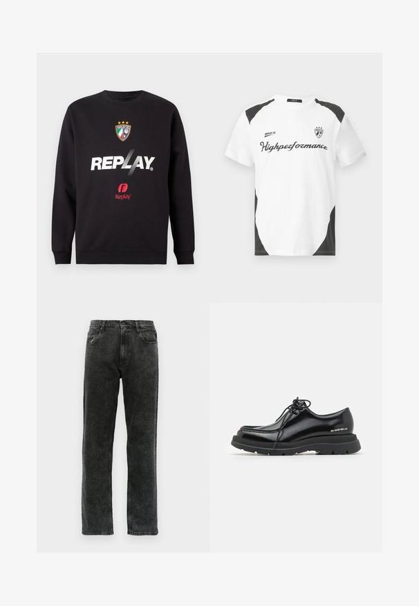 Felpa nera con logo "REPLAY" e stemma del Replay FC al centro, con tre stelle e colori della bandiera italiana.; T-shirt bianca a maniche corte con dettagli neri. Presenta il logo "REPLAY FC" e il testo "Highperformance" in un font sportivo. Realizzata in un materiale liscio.; Jeans in denim nero con un taglio dritto, dotati di cinque tasche, chiusura a bottone e leggere sfumature lungo il tessuto.; Scarpa da uomo in pelle nera con punta arrotondata, suola in gomma spessa, design con lacci e cuciture distintive lungo il bordo.