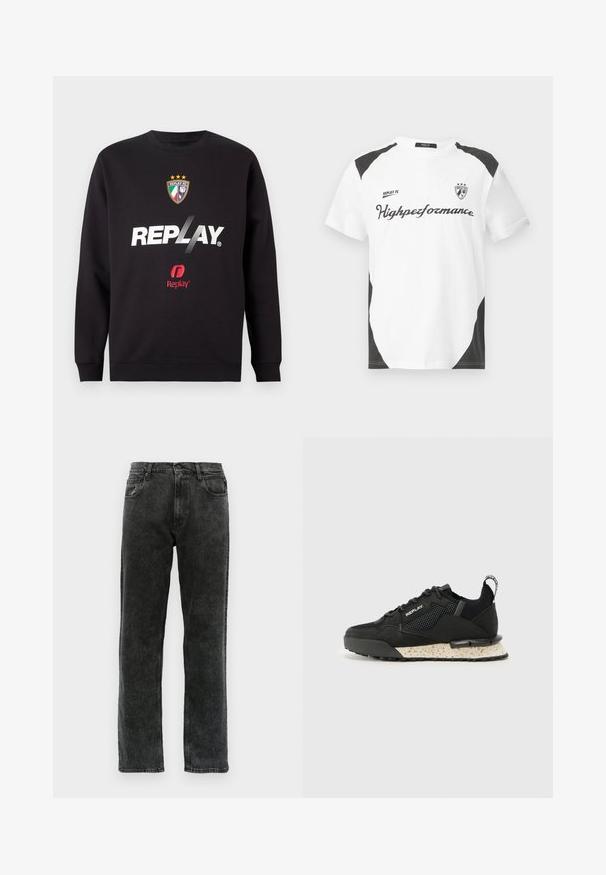 Black sweatshirt with "REPLAY" logo and Replay FC crest featuring three stars and Italian flag colors on front center.; White short-sleeve t-shirt with black accents. Features "REPLAY FC" logo and "Highpeformance" text in a sporty font. Made from a smooth material.; Black denim jeans with a straight-leg cut, featuring five pockets, a button closure, and subtle fading along the fabric.; Replay FIELD MELT 25 - Trainers - black