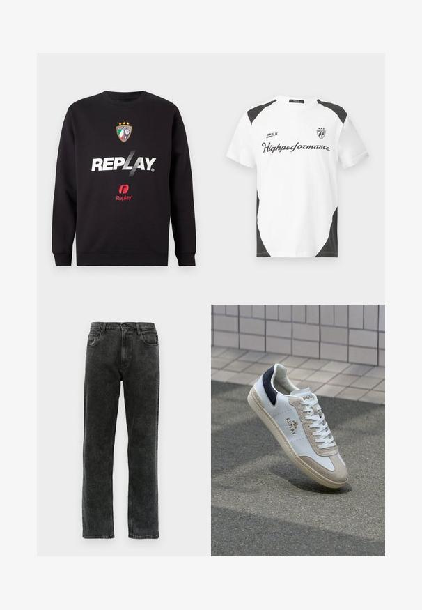 Sweatshirt preto com o logotipo "REPLAY" e o emblema do Replay FC com três estrelas e as cores da bandeira italiana no centro frontal.; T-shirt de manga curta branca com detalhes em preto. Apresenta o logótipo "REPLAY FC" e o texto "Highperformance" numa fonte desportiva. Fabricado em um material suave.; Jeans de denim preto com corte reto, apresentando cinco bolsos, fecho com botão e desbotamento subtil ao longo do tecido.; Sapatilha branca em couro com detalhes em camurça bege, aba do calcanhar em azul marinho e logótipo dourado. Sola texturizada com padrão decorativo. Design clássico de atacadores.