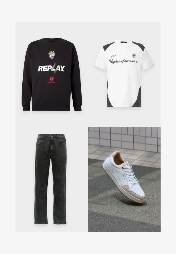 Black sweatshirt with "REPLAY" logo and Replay FC crest featuring three stars and Italian flag colors on front center.; White short-sleeve t-shirt with black accents. Features "REPLAY FC" logo and "Highpeformance" text in a sporty font. Made from a smooth material.; Black denim jeans with a straight-leg cut, featuring five pockets, a button closure, and subtle fading along the fabric.; White leather sneakers with beige suede accents, flat laces, perforated toe box, and gold logo detailing on tongue and side.
