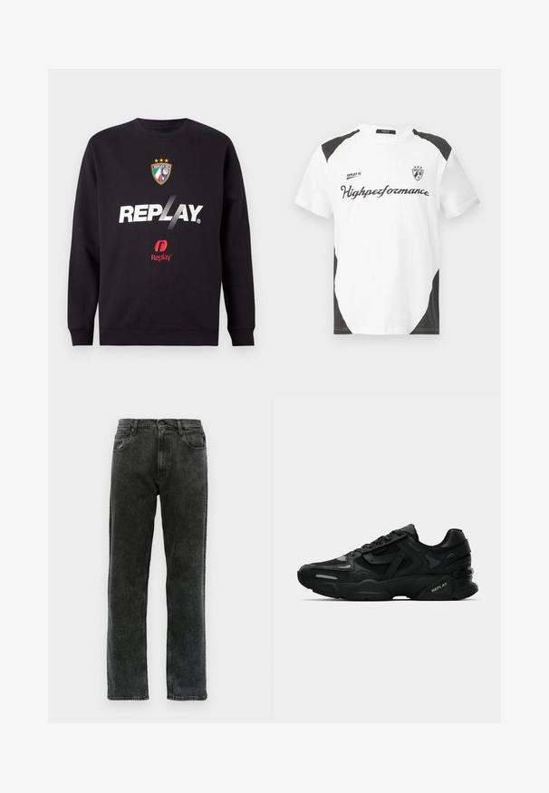 Sweatshirt noir avec le logo "REPLAY" et le blason de Replay FC, affichant trois étoiles et les couleurs du drapeau italien au centre avant.; T-shirt blanche à manches courtes avec des accents noirs. Présente le logo "REPLAY FC" et le texte "Highperformance" dans une police sportive. Fabriquée à partir d'un matériau lisse.; Jean en denim noir avec une coupe droite, comportant cinq poches, une fermeture à bouton, et un léger délavage sur le tissu.; Baskets de sport noires avec une tige texturée, des accents lumineux et des semelles rembourrées. Comprend des lacets et un logo de la marque sur le côté.