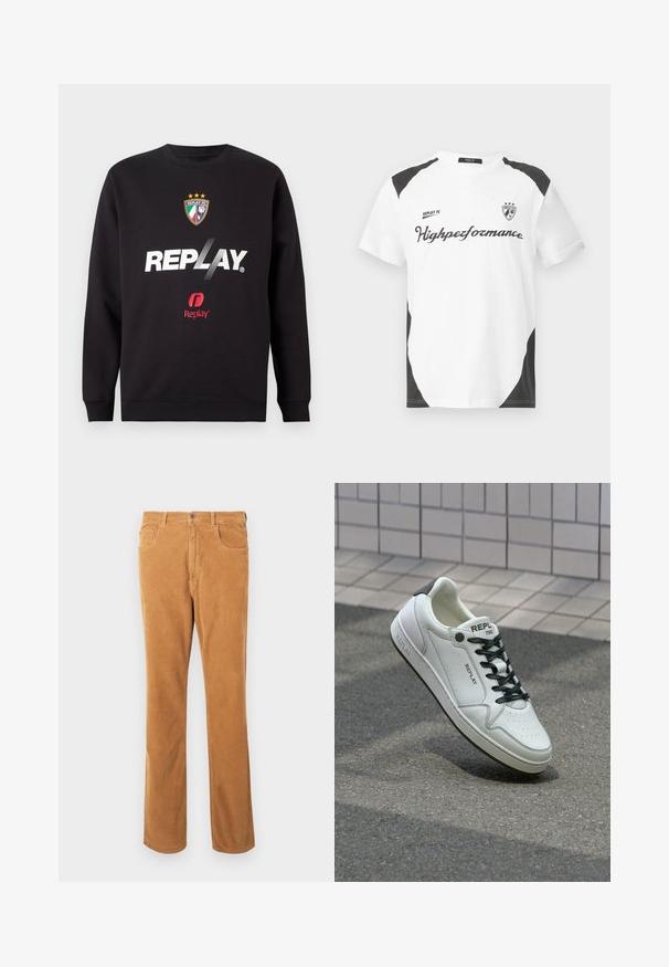 Melns džemperis ar "REPLAY" logo un Replay FC ģērboni, kas uz frontālā centra rotāts ar trim zvaigznēm un Itālijas karoga krāsām.; Balts īsām piedurknēm T-krekls ar melniem akcentiem. Ar "REPLAY FC" logotipu un "Highpeformance" tekstu sportiskā fontā. Izgatavots no gludas materiāla.; Gai brūni korduroy bikses ar klasisku piecu kabatu dizainu un pogu aizdari, izliktas uz baltas fona.; Baltie ādas sporta apavi ar perforētu pirkstu daļu, melnām šņorzēm un papēža akcentiem. Iezīmē "REPLAY" zīmolu un cietu gumijas zoli.