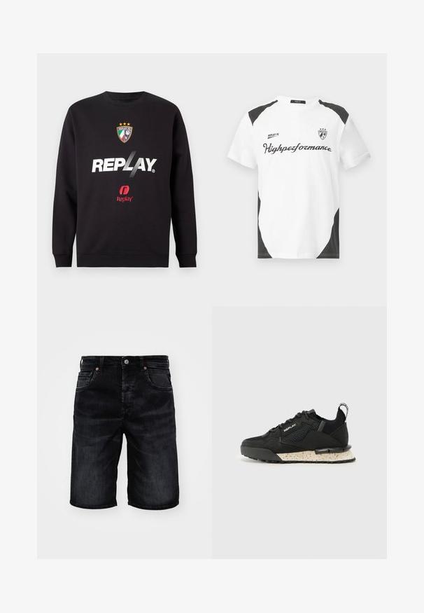 Svart hettegenser med "REPLAY"-logo og Replay FC-våpen med tre stjerner og italienske flaggfarger i midten foran.; Hvit kortermet T-skjorte med svarte detaljer. Har "REPLAY FC" logo og "Highpeformance" tekst i en sporty skrifttype. Laget av et glatt materiale.; Svarte denimshorts med rett skår, fem lommer og detaljer i kobberfarge. Jevn tekstur, vist mot en hvit bakgrunn.; Replay FIELD MELT 25 - Joggesko - black