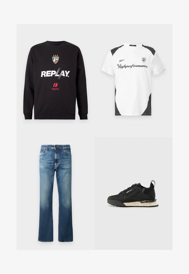 Mustmust, mille "REPLAY" logo ja Replay FC vapp, millel on kolm tähte ja Itaalia lipu värvid, keskosas.; Valge lühikeste varrukatega t-särk mustade aktsentidega. Omab "REPLAY FC" logo ja "Highperformance" teksti sportlikus kirjas. Valmistatud siledast materjalist.; Sinine teksapüksid, millel on laienev säärte disain, heledaks pestud viimistlus, viis taskut ja nööpidega kinnitamine.; Replay FIELD MELT 25 - Tossud - black