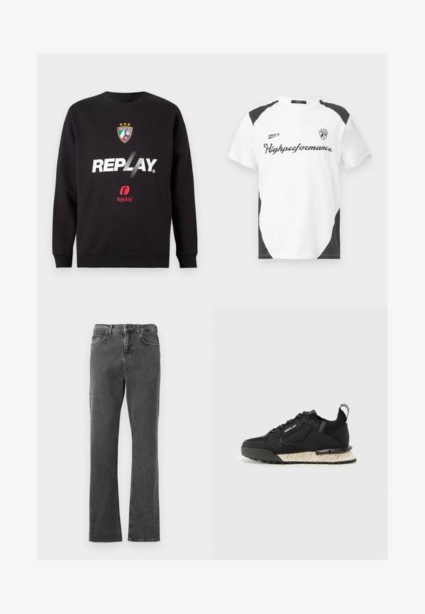 Melns džemperis ar "REPLAY" logo un Replay FC ģērboni, kas uz frontālā centra rotāts ar trim zvaigznēm un Itālijas karoga krāsām.; Balts īsām piedurknēm T-krekls ar melniem akcentiem. Ar "REPLAY FC" logotipu un "Highpeformance" tekstu sportiskā fontā. Izgatavots no gludas materiāla.; Pelēkās džinsu bikses ar taisnu kāju dizainu, ar piecām kabatām, pogu un rāvējslēdzēja aizdari, kā arī redzamām šuvju detaļām.; Replay FIELD MELT 25 - Sporta apavi - black