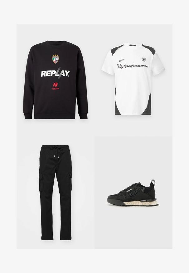 Melns džemperis ar "REPLAY" logo un Replay FC ģērboni, kas uz frontālā centra rotāts ar trim zvaigznēm un Itālijas karoga krāsām.; Balts īsām piedurknēm T-krekls ar melniem akcentiem. Ar "REPLAY FC" logotipu un "Highpeformance" tekstu sportiskā fontā. Izgatavots no gludas materiāla.; Melni cargo bikses, kas izgatavotas no gludas auduma, ar elastīgu jostasvietu un auklu, sānu kabatām un cargo kabatām abās kājās.; Replay FIELD MELT 25 - Sporta apavi - black
