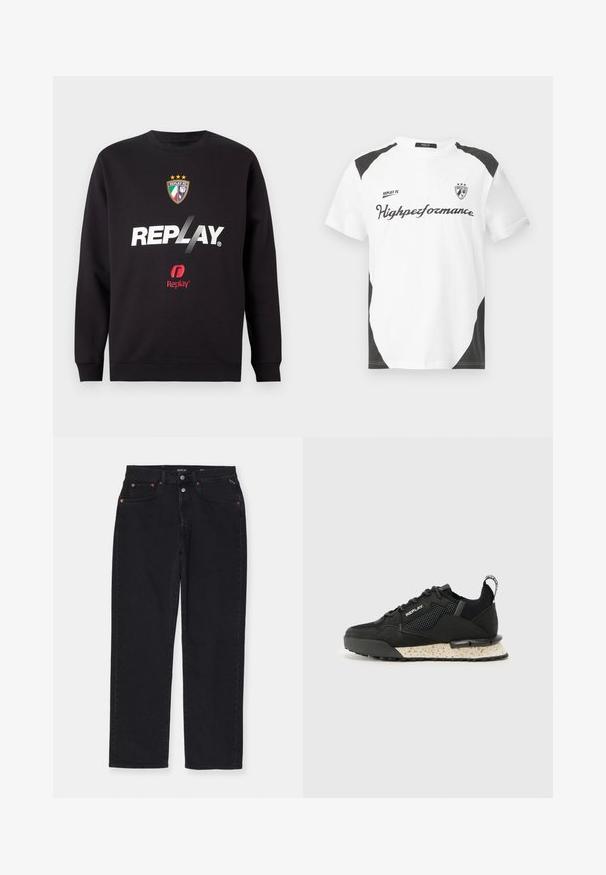 Črna majica s kapuco z logotipom "REPLAY" in grbom Replay FC, ki vsebuje tri zvezde in barve italijanske zastave na sprednji sredini.; Bela kratka majica s kratkimi rokavi z črnimi detajli. Vsebuje logo "REPLAY FC" in besedilo "Highperformance" v športnem fontu. Narejena je iz gladkega materiala.; Črne denim hlače s ravnim krojem, petimi žepi, kovinsko strojno opremo in subtilnimi šivi. Mehka tekstura, minimalističen dizajn.; Replay FIELD MELT 25 - Športni copati - black