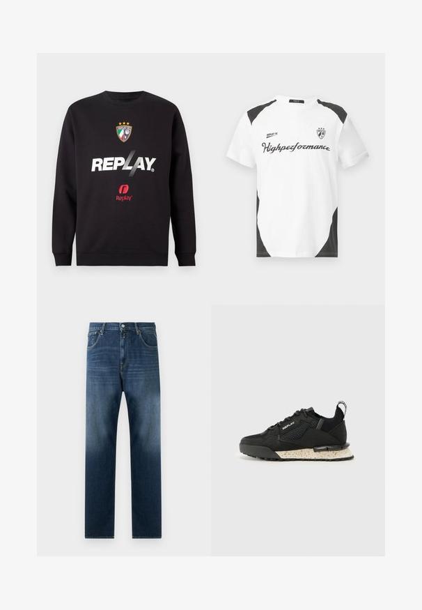 Zwarte sweatshirt met het "REPLAY" logo en het Replay FC-embleem met drie sterren en de kleuren van de Italiaanse vlag in het midden vooraan.; Witte T-shirt met korte mouwen en zwarte accenten. Bevat het logo "REPLAY FC" en de tekst "Highperformance" in een sportieve lettertype. Gemaakt van een glad materiaal.; Donkerblauwe denim jeans met een recht gesneden pijp. Kenmerken zijn onder andere voorzakken, een ritsluiting en een subtiele vervaging richting de zoom.; Replay FIELD MELT 25 - Sneakers laag - black