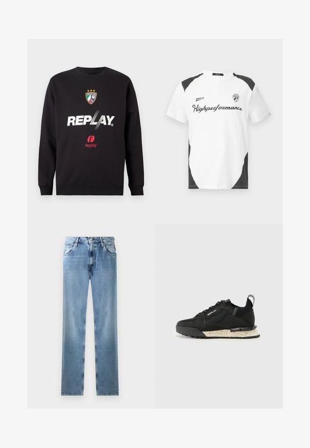 Černá mikina s logem "REPLAY" a znakem Replay FC, který obsahuje tři hvězdy a barvy italské vlajky na přední části uprostřed.; Bílé tričko s krátkým rukávem a černými akcenty. Obsahuje logo "REPLAY FC" a text "Highperformance" v sportovním písmu. Vyrobeno z hladkého materiálu.; Světlé modré džíny rovného střihu s kapsami, měděnými nýty a knoflíkovým zavíráním. Má vybledlý design a čistý lem.; Replay FIELD MELT 25 - Tenisky - black