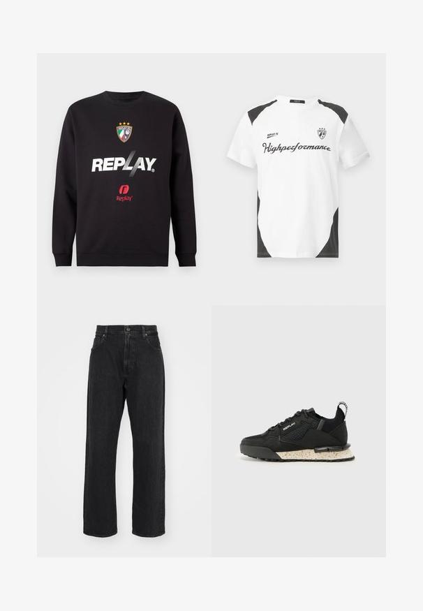 Juodos spalvos džemperis su "REPLAY" logotipu ir Replay FC emblemą, kuriame yra trys žvaigždutės ir Italijos vėliavos spalvos, esantis viduryje priekyje.; Balta trumpa rankovė t-shirt marškiniai su juodais akcentais. Yra "REPLAY FC" logotipas ir "Highperformance" tekstas sportiškame šriftuose. Pagaminta iš glotnaus medžiagos.; Juoda džinsų medžiaga, tiesaus kirpimo, su standartiniu juosmeniu, penkių kišenių dizainu ir subtiliais siuvinėjimo akcentais.; Replay FIELD MELT 25 - Sportbačiai - black