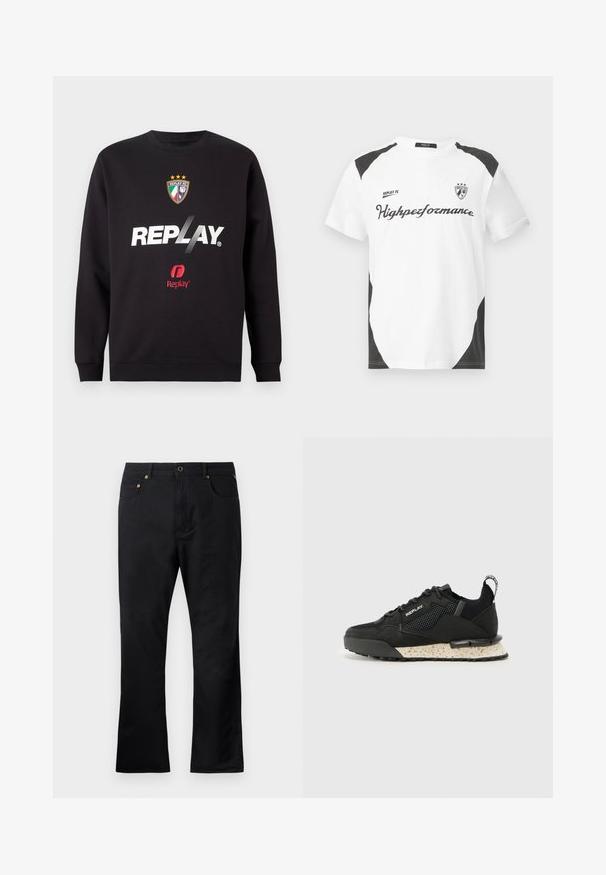 Black sweatshirt with "REPLAY" logo and Replay FC crest featuring three stars and Italian flag colors on front center.; White short-sleeve t-shirt with black accents. Features "REPLAY FC" logo and "Highpeformance" text in a sporty font. Made from a smooth material.; Black denim pants with a straight cut, featuring front pockets, a button closure, and gold-tone hardware accents. Smooth texture.; Replay FIELD MELT 25 - Trainers - black