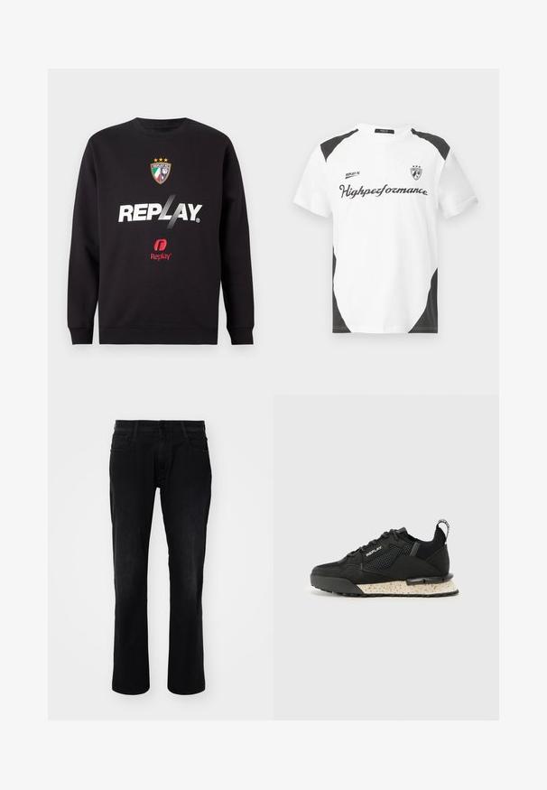 Crna dukserica sa logotipom "REPLAY" i grbom Replay FC koji sadrži tri zvjezdice i boje italijanske zastave na središnjem dijelu.; Bijela majica kratkih rukava s crnim akcentima. Sadrži logotip "REPLAY FC" i tekst "Highperformance" u sportskom fontu. Izrađena je od glatkog materijala.; Crne traperice s ravnim nogavicama, pet džepova i zakopčavanjem na dugme. Tkanina ima glatku teksturu s blagim izbljeđivanjem.; Replay FIELD MELT 25 - Tenisice - black