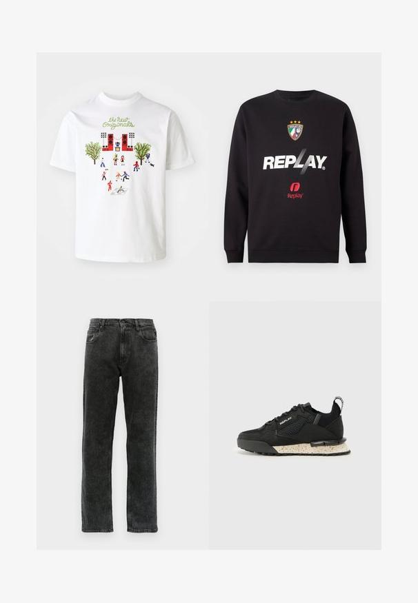 Fekete pulóver "REPLAY" logóval és a Replay FC címerével, három csillaggal és olasz zászló színekkel az elülső középen.; Fehér pamut póló, amely élénk grafikát ábrázol emberekkel, fákkal és egy színpaddal, a felirattal "az új eredetiek" zöld színben a minta felett.; Fekete farmernadrág egyenes szárvágással, öt zsebbel, gombos záródással és enyhe elhalványulással az anyagon.; Replay FIELD MELT 25 - Sportcipő - black