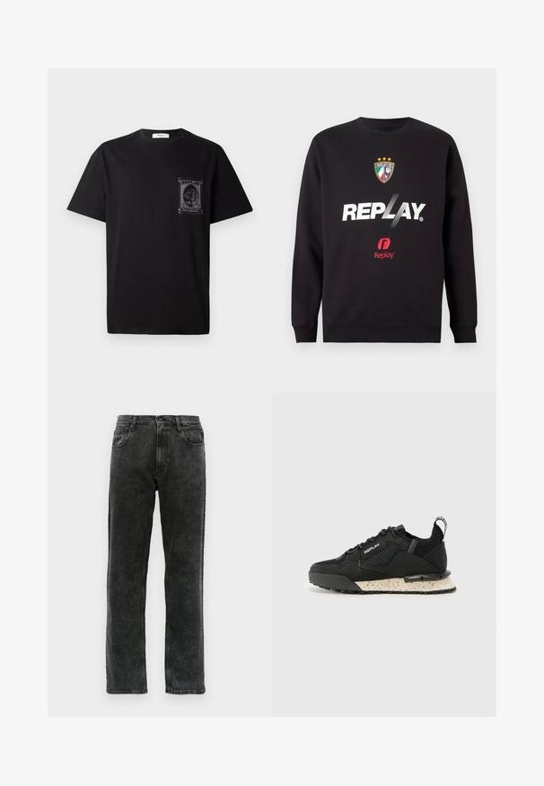 Black sweatshirt with "REPLAY" logo and Replay FC crest featuring three stars and Italian flag colors on front center.; Black cotton t-shirt with short sleeves, featuring a graphic print on the left chest and a small red accent near the neckline.; Black denim jeans with a straight-leg cut, featuring five pockets, a button closure, and subtle fading along the fabric.; Replay FIELD MELT 25 - Trainers - black