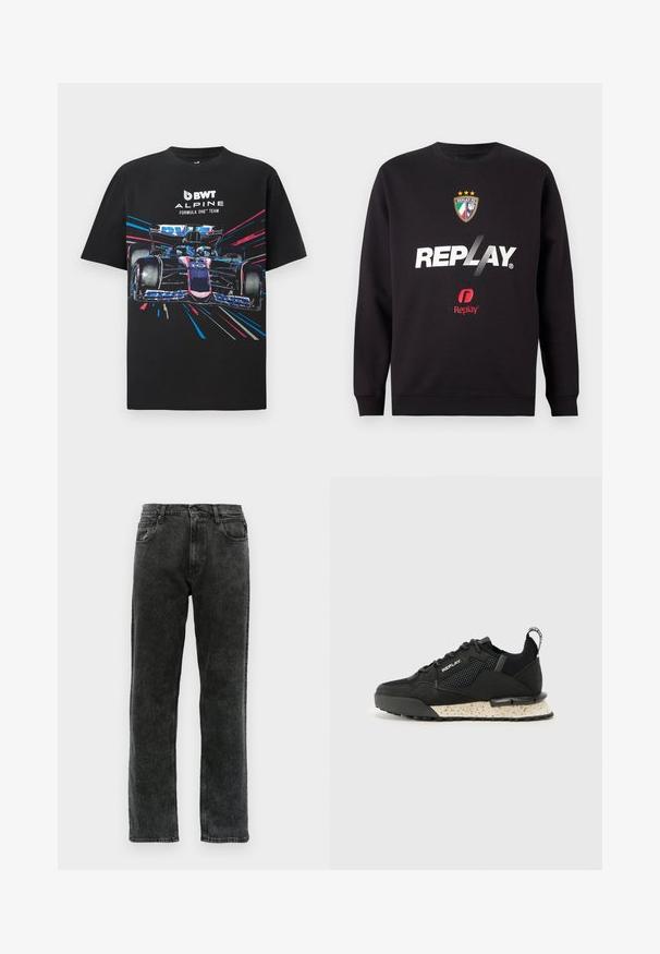 Zwarte sweatshirt met het "REPLAY" logo en het Replay FC-embleem met drie sterren en de kleuren van de Italiaanse vlag in het midden vooraan.; Zwarte katoenen t-shirt met een grafische print van een Formule 1-auto met levendige blauwe en roze accenten, en de tekst "BWT ALPINE FORMULA ONE TEAM".; Zwarte denim jeans met een rechte pijp, voorzien van vijf zakken, een knoopsluiting en subtiele vervaging langs de stof.; Replay FIELD MELT 25 - Sneakers laag - black