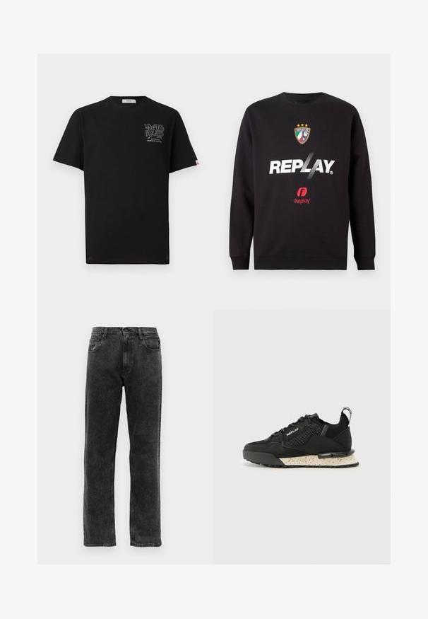 Black sweatshirt with "REPLAY" logo and Replay FC crest featuring three stars and Italian flag colors on front center.; Black cotton t-shirt with short sleeves, round neckline, and front chest graphic print in gray. Features a small brand tag on the side.; Black denim jeans with a straight-leg cut, featuring five pockets, a button closure, and subtle fading along the fabric.; Replay FIELD MELT 25 - Trainers - black