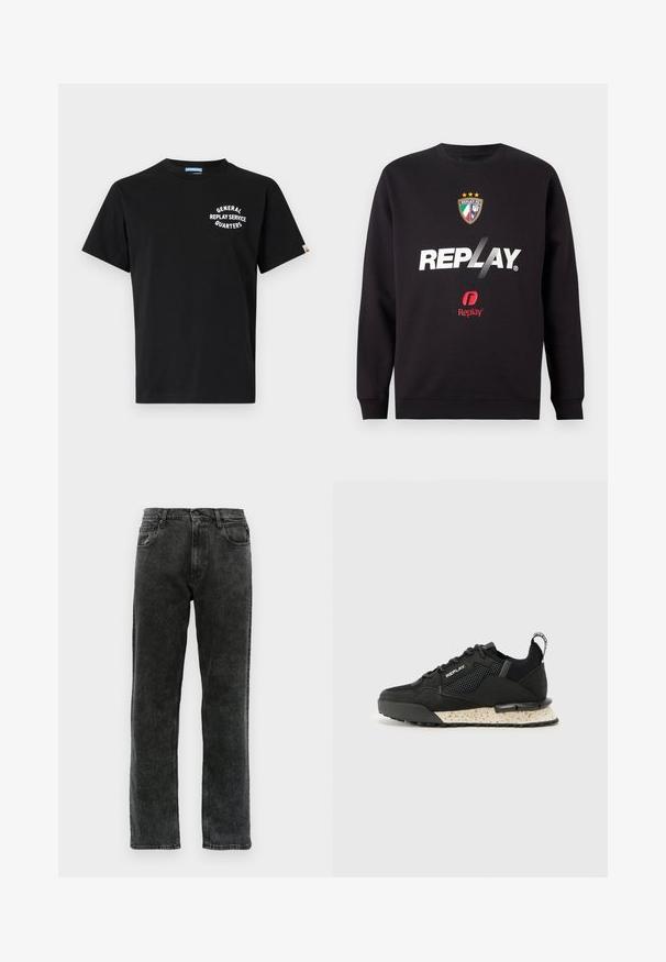 Mustmust, mille "REPLAY" logo ja Replay FC vapp, millel on kolm tähte ja Itaalia lipu värvid, keskosas.; Must pronks T-särk lühikeste varrukatega ja ümmarguse kaelusega. Rinnal on valge tekst "ÜLDINE TAASJÕUDMISE TEENUS".; Mustad teksased otse lõikega, millel on viis taskut, nööbiga sulgemine ja õrn pleekimine kangal.; Replay FIELD MELT 25 - Tossud - black