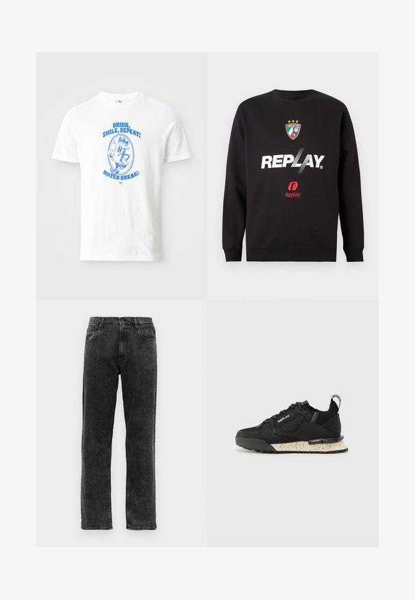 Crna dukserica sa logotipom "REPLAY" i grbom Replay FC koji sadrži tri zvjezdice i boje italijanske zastave na središnjem dijelu.; Bijela pamučna majica s plavim grafičkim dizajnom s natpisom: "PIJ, SMIJ TE SE, PONAVLJAJ!" i "PAUZA ZA VODU!" u razigranom fontu. Kratak rukav.; Crne traperice od denima ravnog kroja, koje sadrže pet džepova, kopčanje na dugme i suptilno izblijedjivanje po tkanini.; Replay FIELD MELT 25 - Tenisice - black
