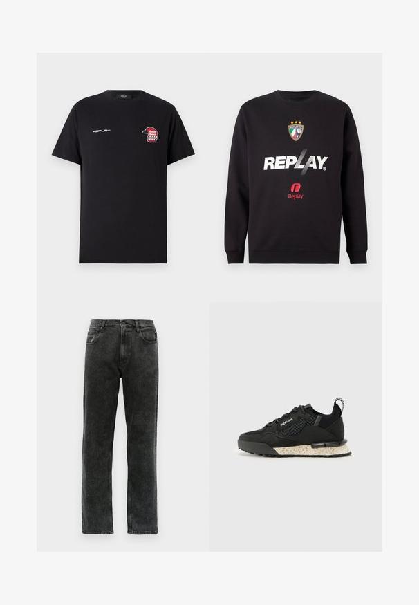Melns džemperis ar "REPLAY" logo un Replay FC ģērboni, kas uz frontālā centra rotāts ar trim zvaigznēm un Itālijas karoga krāsām.; Replay SHORT SLEEVE GRAPHIC - Apdrukāts T-krekls - black; Melnas denim bikses ar taisnu kāju griezumu, piecas kabatas, pogu aizdari un maigu izbalēšanu pa audumu.; Replay FIELD MELT 25 - Sporta apavi - black