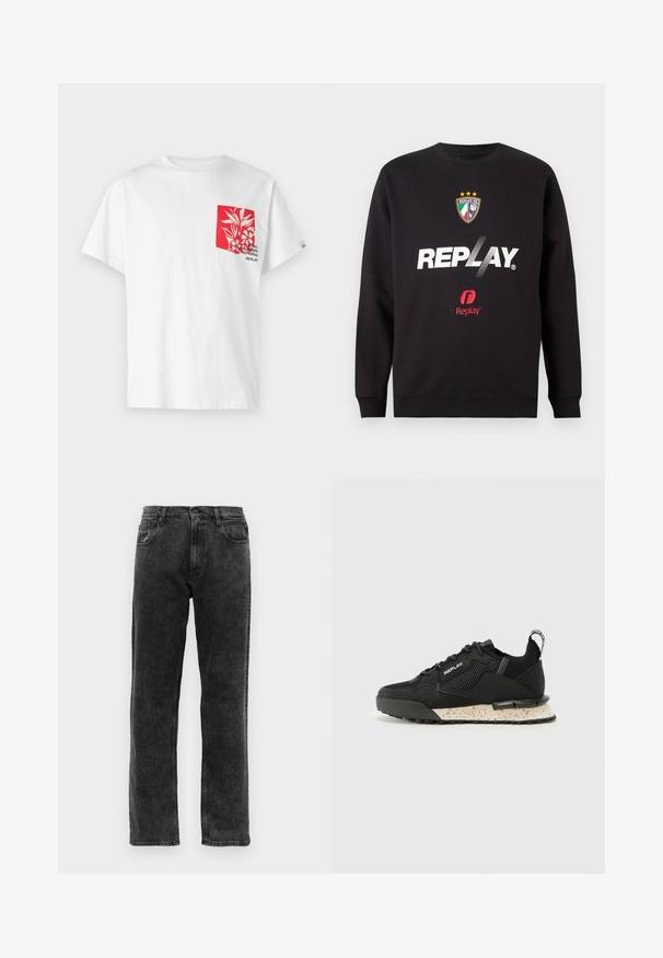 Mustmust, mille "REPLAY" logo ja Replay FC vapp, millel on kolm tähte ja Itaalia lipu värvid, keskosas.; Valge puuvillane T-särk punase taskuga, millel on lilleline design ja tekst. Lühikesed varrukad, ümar kaelus ja lõdvestatud istuvus.; Mustad teksased otse lõikega, millel on viis taskut, nööbiga sulgemine ja õrn pleekimine kangal.; Replay FIELD MELT 25 - Tossud - black