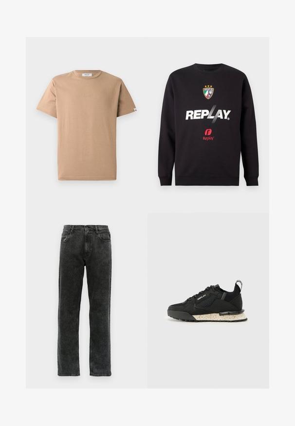 Fekete pulóver "REPLAY" logóval és a Replay FC címerével, három csillaggal és olasz zászló színekkel az elülső középen.; Barna pamut póló kerek nyakkivágással, rövid ujjakkal és diszkrét, emelt "REPLAY" logóval az elülső részen. Simaság és laza fazon jellemzi.; Fekete farmernadrág egyenes szárvágással, öt zsebbel, gombos záródással és enyhe elhalványulással az anyagon.; Replay FIELD MELT 25 - Sportcipő - black