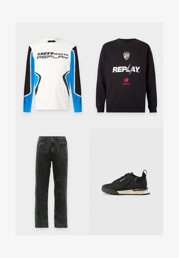 Fekete pulóver "REPLAY" logóval és a Replay FC címerével, három csillaggal és olasz zászló színekkel az elülső középen.; Hosszú ujjú sportpóló fehér elülső résszel, fekete és kék ujjpanelekből, valamint a mellkason elhelyezett "981 sports REPLAY" logóval.; Fekete farmernadrág egyenes szárvágással, öt zsebbel, gombos záródással és enyhe elhalványulással az anyagon.; Replay FIELD MELT 25 - Sportcipő - black