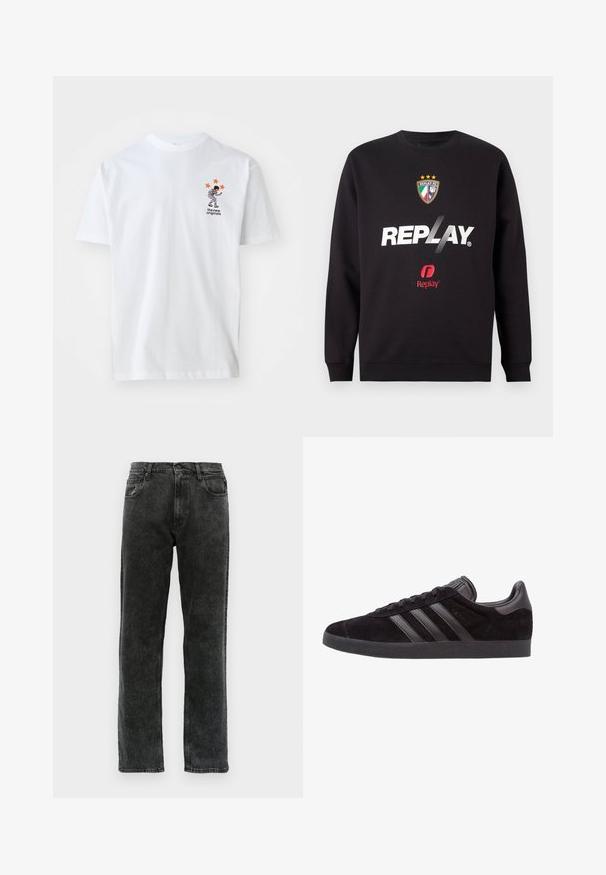 Černá mikina s logem "REPLAY" a znakem Replay FC, který obsahuje tři hvězdy a barvy italské vlajky na přední části uprostřed.; Bílý bavlněný tričko s malým, barevným potiskem postavy s pěti oranžovými hvězdami nahoře, označené „nové originály“. Krátké rukávy.; Černé džíny z denimu se střihem rovného nohavice, s pěti kapsami, zapínáním na knoflík a jemným vyblednutím po celé látce.; Černé semišové sneakers s texturovanou gumovou podrážkou, s třemi černými koženými pruhy, zaoblenou špičkou a polstrovaným límcem kolem kotníku.