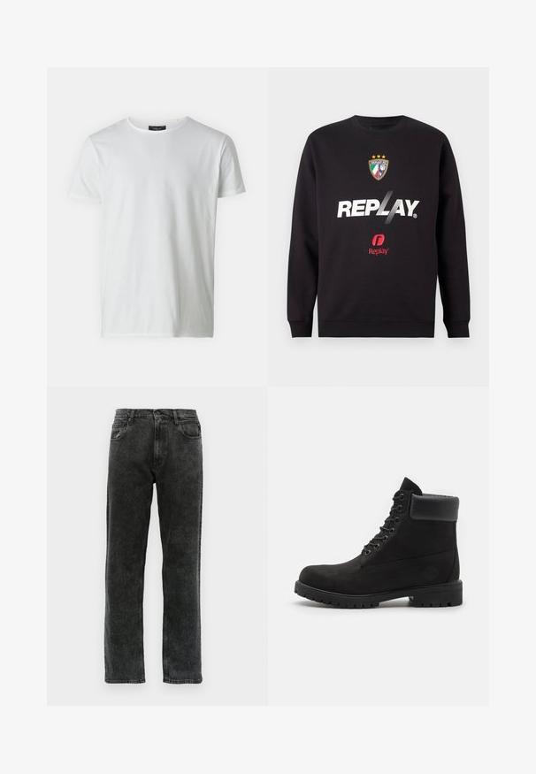 Fekete pulóver "REPLAY" logóval és a Replay FC címerével, három csillaggal és olasz zászló színekkel az elülső középen.; Fehér, rövid ujjú környakú póló, sima textúrájú pamutból készült. A nyakrészen címke található. Egyszerű, letisztult dizájn.; Fekete farmernadrág egyenes szárvágással, öt zsebbel, gombos záródással és enyhe elhalványulással az anyagon.; Fekete fűzős bokacipő, párnázott gallérral és strapabíró talppal, oldalnézetből, fehér háttér előtt.