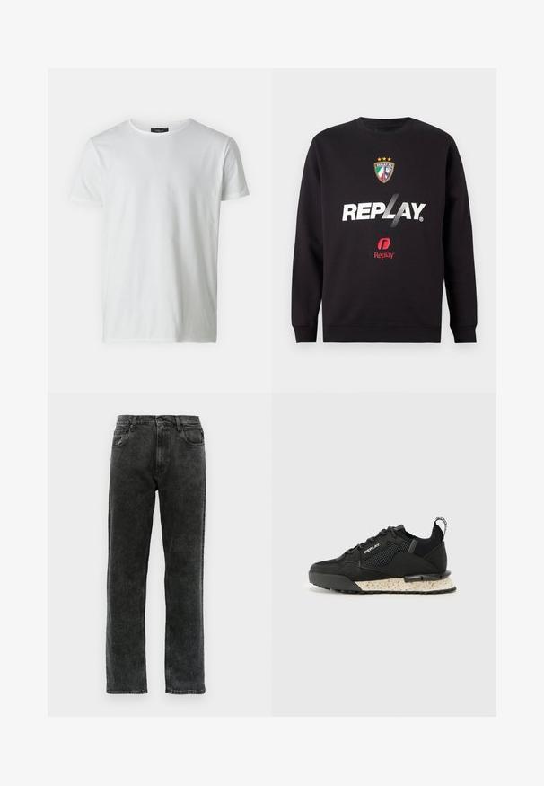 Mustmust, mille "REPLAY" logo ja Replay FC vapp, millel on kolm tähte ja Itaalia lipu värvid, keskosas.; Valge lühikeste varrukatega ümardatud kaelusega t-särk, mis on valmistatud siledast puuvillast. Kaelusel on silt. Lihtne ja tavaline disain.; Mustad teksased otse lõikega, millel on viis taskut, nööbiga sulgemine ja õrn pleekimine kangal.; Replay FIELD MELT 25 - Tossud - black