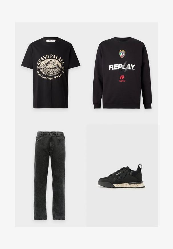 Černá mikina s logem "REPLAY" a znakem Replay FC, který obsahuje tři hvězdy a barvy italské vlajky na přední části uprostřed.; Černé bavlněné tričko s béžovým grafickým potiskem hory a textem "Grand Palace Replay Belle Epoque Hotel." Jednoduchý design s kulatým výstřihem.; Černé džíny z denimu se střihem rovného nohavice, s pěti kapsami, zapínáním na knoflík a jemným vyblednutím po celé látce.; Replay FIELD MELT 25 - Tenisky - black