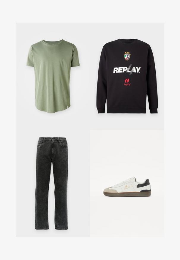 Schwarzer Sweatshirt mit "REPLAY"-Logo und dem Replay FC-Wappen, das drei Sterne und die Farben der italienischen Flagge in der Mitte auf der Vorderseite zeigt.; Kurzarm-T-Shirt in Hellgrün, aus weichem Stoff, Rundhalsausschnitt, gerade Säume, mit einem kleinen Etikett am unteren linken Rand.; Schwarze Denim-Jeans mit geradem Schnitt, fünf Taschen, Knopfverschluss und dezentem Verblassen des Stoffs.; Schwarze und weiße Sneaker aus Leder und Wildleder, mit abgerundeter Zehenpartie, strukturiertem Sohlenprofil, goldenen Logo und kontrastierender Fersenakzentuierung.