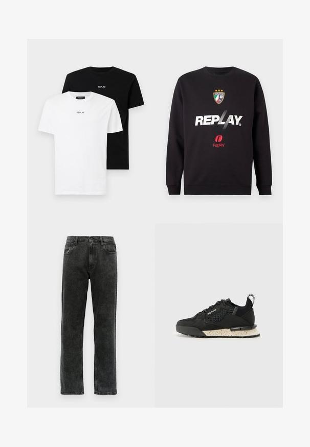 Fekete pulóver "REPLAY" logóval és a Replay FC címerével, három csillaggal és olasz zászló színekkel az elülső középen.; Két pamut póló, az egyik fehér, a másik fekete, mindkettő rövid ujjú és kerek nyakú. Mindkettőn a középen a "REPLAY" felirat látható.; Fekete farmernadrág egyenes szárvágással, öt zsebbel, gombos záródással és enyhe elhalványulással az anyagon.; Replay FIELD MELT 25 - Sportcipő - black