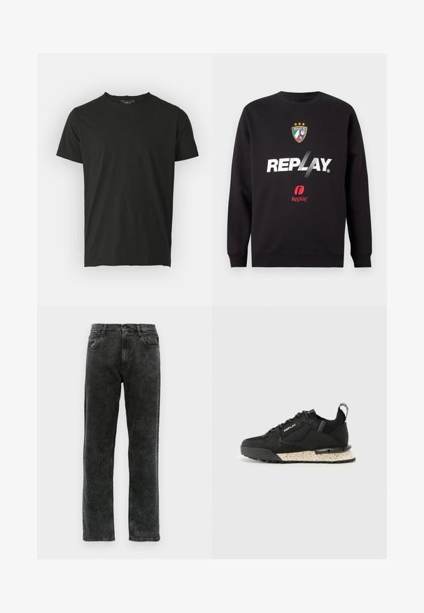 Hanorac negru cu logo-ul "REPLAY" și stema Replay FC, având trei stele și culorile steagului italian, plasată în centrul frontal.; Tricou din bumbac negru, cu mâneci scurte și decolteu rotund. Textură netedă, design minimalist și o etichetă pe partea din spate a decolteului.; Jeans negri din denim cu croi drept, având cinci buzunare, închidere cu nasture și decolorări subtile pe țesătură.; Replay FIELD MELT 25 - Sneakers low - black
