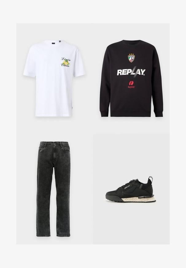 Black sweatshirt with "REPLAY" logo and Replay FC crest featuring three stars and Italian flag colors on front center.; White cotton t-shirt with short sleeves, featuring a green and yellow lemon graphic with "Limón Cítrico" printed in black on the chest.; Black denim jeans with a straight-leg cut, featuring five pockets, a button closure, and subtle fading along the fabric.; Replay FIELD MELT 25 - Trainers - black