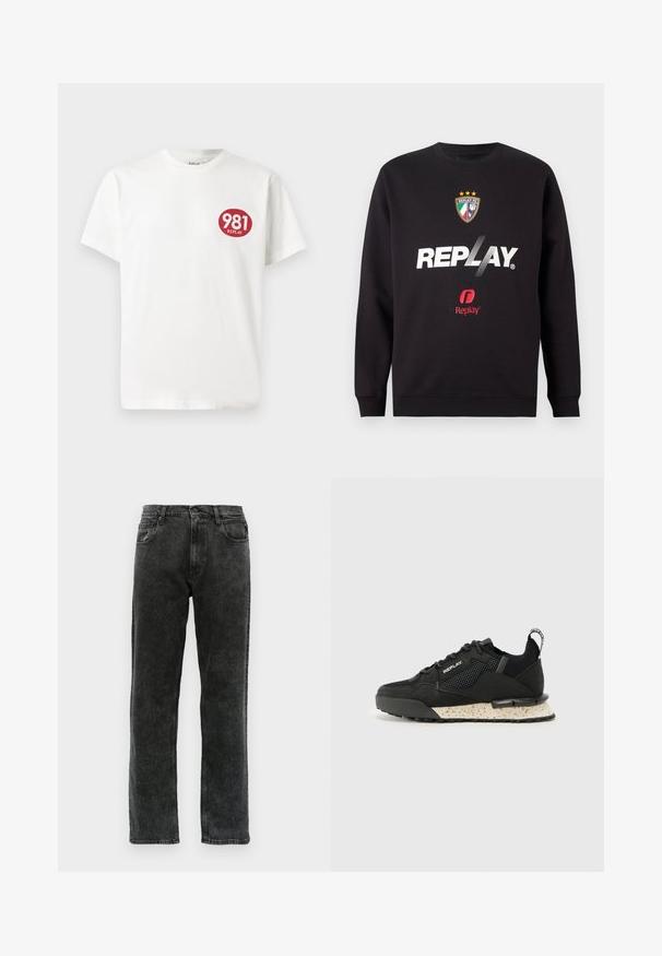 Čierna mikina s logom "REPLAY" a erbom Replay FC s tromi hviezdami a farbami talianskej vlajky na prednej časti v strede.; Biele bavlnené tričko s okrúhlym červeným logom na ľavej hrudi a textom "981 REPLAY". Krátke rukávy a štandardný strih.; Čierne riflové nohavice so strihom rovného nohavice, ktoré majú päť vreciek, zapínanie na gombík a jemné vyblednutie na látke.; Replay FIELD MELT 25 - Tenisky - black