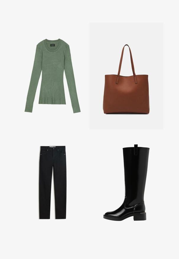Maglione verde a coste con maniche lunghe e scollo tondo. Realizzato in un tessuto morbido, presenta una vestibilità aderente e una finitura testurizzata.; Pantaloni in denim nero con design a gamba dritta, cinque tasche, chiusura con bottone metallico e dettagli di cucitura sottili. Texture liscia.; Stivali neri al ginocchio con finitura lucida, punta arrotondata, tacco basso e un nastro per aiutare a indossarli sul retro. Le cuciture evidenziano il design.; Borsa tote in pelle marrone con texture liscia, design con apertura superiore e due spallacci. Presenta cuciture minime e nessun hardware visibile.