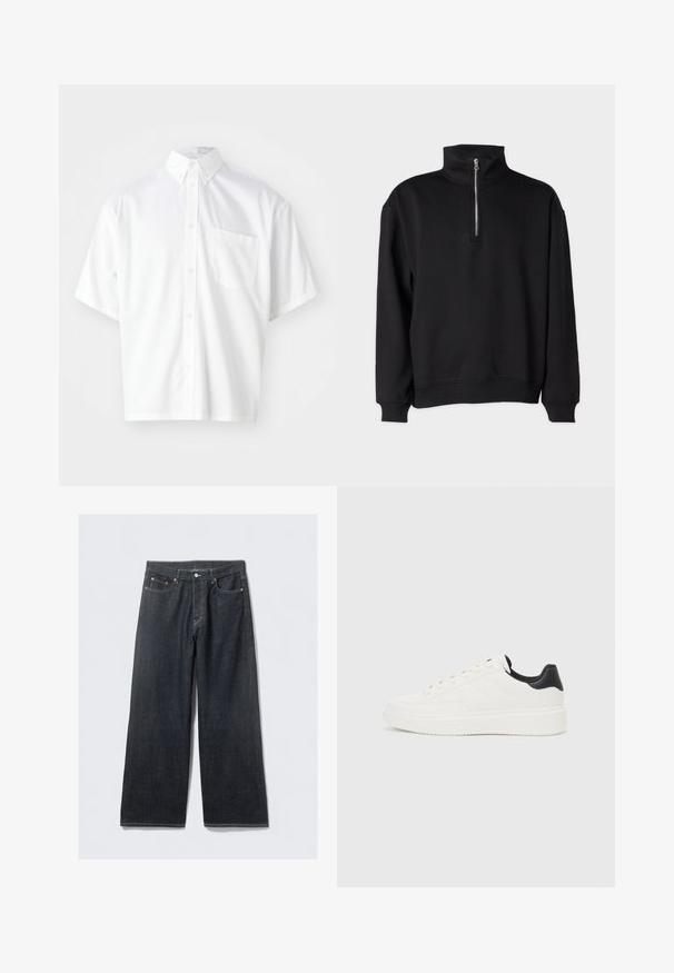 Pull-over noir avec un col haut, doté d'une fermeture à demi-zip, de manches longues et de poignets et ourlet côtelés. Texture de tissu douce.; Chemise blanche à manches courtes en tissu lisse, avec un col boutonné et une poche avant sur le côté gauche.; Jean large en denim foncé à taille haute, avec des rivets en ton cuivré et des coutures contrastées, texture lisse et sans motifs visibles.; Sneakers en cuir blanc avec motif embossé, semelle intermédiaire texturée blanche et accent noir au talon. Présentent une pointe arrondie et des lacets plats.