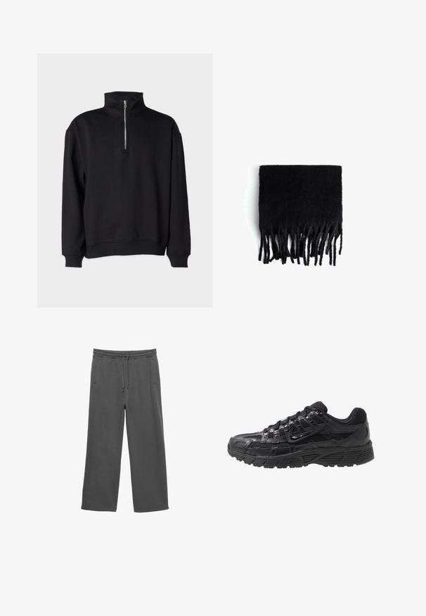 Černý svetr s vysokým límcem, s polozipem, dlouhými rukávy a žebrovanými manžetami a lemem. Měkká textura látky.; Tmavě šedé široké tepláky s elastickým pasem, stahovací šňůrkou a dvěma bočními kapsami, vystavené na bílém pozadí.; Černá atletická obuv s síťovaným a syntetickým svrškem, strukturovaným povrchem, šněrovacím designem a vzorovanou gumovou podrážkou pro lepší trakci.; Černý šátek s třásněmi vyrobený z měkkého, vlně podobného materiálu. Má dlouhé, nepravidelné třásně po spodním okraji. Obdélníkový tvar.