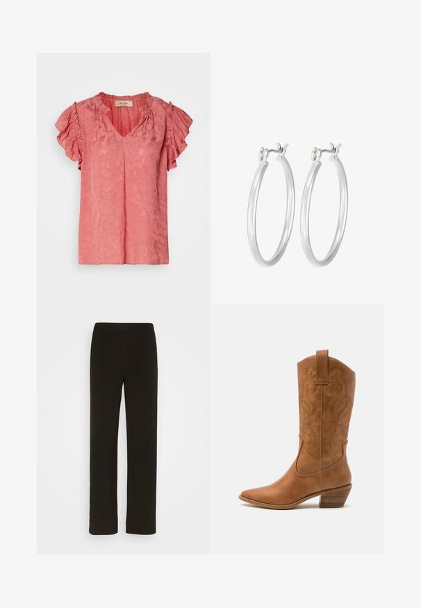 Rudas megztinis su raukšlėta tekstūra, apvalia iškirpte ir ilgomis rankovėmis. Yra kontrastinga raukšlėta detalė palei pečius.; Rožinė trumpomis rankovėmis palaidinė su raitytomis rankovėmis, V formos dekoltė, tekstūruotas gėlių raštas ir minkšta audinio apdaila. Prekės ženklo etikete matoma vidinėje apykaklės pusėje.; Juodi tiesūs kelnės, pagamintos iš audinio, turinčios lygų priekį, dvi šonines kišenes ir glotnų paviršių. Nėra matomų raštų ar akcentų.; Ruda odinė kantri batai su smailiu būtų pirštu, siuvinėtais spiralės raštais ant viršaus ir su kamščiu blokuotu kulnu. Yra tamprių užtraukių, kad būtų lengviau užsidėti.; Sidabriniai auskarai su sklandžiu, poliruotu paviršiumi. Apvalios formos ir saugus uždarymo mechanizmas. Lengvas dizainas, tinkantis kasdieniam dėvėjimui.