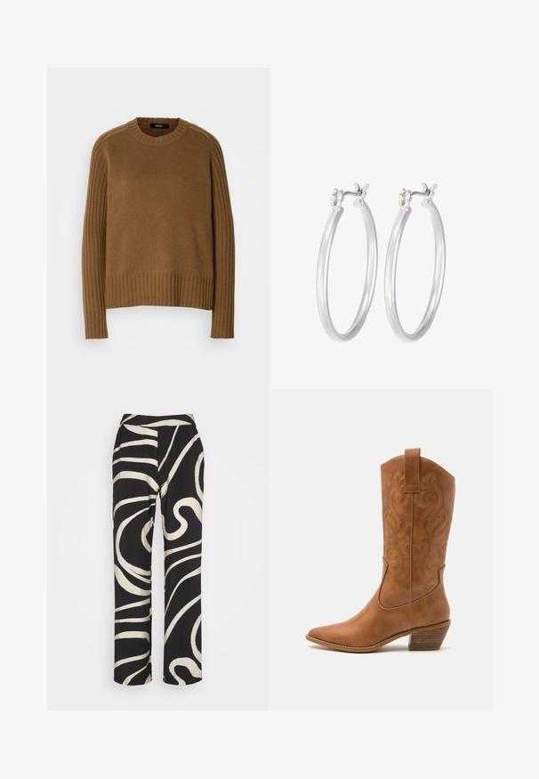 Bruine gebreide trui met een geribbelde textuur, ronde halslijn en lange mouwen. Kenmerkt zich door contrasterende ribbeldetails langs de schouders.; Zwarte broek met een hoge tailleband, wijde pijpen en een gedurfde witte abstracte spiraalpatroon. Gemaakt van een gladde, lichte stof.; Tan leren cowboylaars met puntige neus, geborduurde spiraalpatronen op de schacht en een gestapelde blokhak. Voorzien van een trekband voor gemakkelijke aan- en uittrekken.; Zilveren oorbellen in de vorm van een gladde, gepolijste ring. Ronde vorm met een veilige kliksluiting. Lichtgewicht ontwerp, geschikt voor dagelijks gebruik.