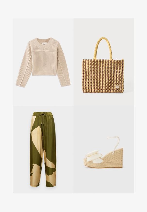 Beež, soonikuga lõngapitsist lühendatud sviiter, millel on pikad varrukad, ümar kaelus ja dekoratiivne õmblus varrukate õmbluste ääres.; Satiinist püksid, millel on oliivroheline ja beež abstraktne muster, elastne vöökoht koos nööriga ning kitsenevad sääred.; Kaldte meeste jalatsid looduslikult jute platvormiga, kreemi värvi kangast ülaserv ja kaks kihilist lillemotivi; sisaldab õhukest pahkluu rihma kinnitusega.; Kootud kott pruunis ja kollases, millel on ristkülikukujuline kuju, kaks käepidet ja tekstureeritud viimistlus koos nähtava õmblusega ning brändi sildiga.