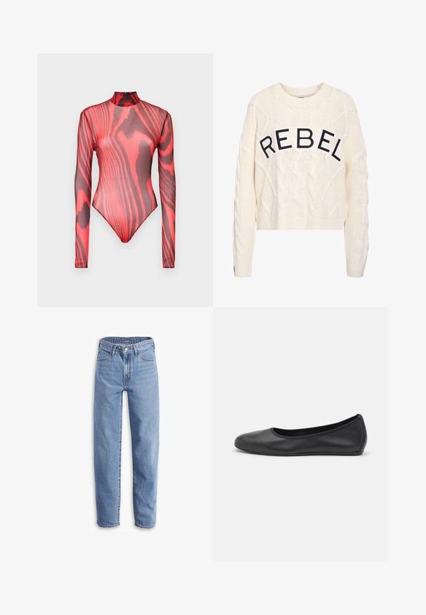 Maglione lavorato a maglia crema con un motivo a trecce e la parola "REBEL" in nero sulla parte frontale. Lunghezza cropped con polsini a costine.; Body a maniche lunghe realizzato in mesh rosso trasparente con motivi a strisce di tigre neri, caratterizzato da un collo alto e chiusura con zip sulla schiena.; Jeans azzurri chiari in denim, con una vestibilità rilassata, gamba dritta, design a cinque tasche e orli sfilacciati per un aspetto casual.; Pantofole da balletto nere in pelle con punta arrotondata, texture liscia, dettagli di cucitura minimi e design con suola flessibile.