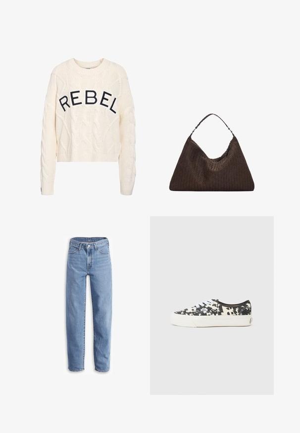Krém színű kötött pulóver, amely kábelekből álló kötési mintával készült, a "REBEL" szó fekete színben a elülső részén. Rövidített hosszúságú, bordás mandzsettákkal.; Világoskék, farmerből készült, laza szabású, egyenes lábú nadrág, öt zsebes dizájnnal és szaggatott szegélyekkel a sportos megjelenésért.; Fekete-fehér vászon sportcipő, tehénmintás dizájnnal, fehér fűzőkkel és fehér gumitalppal. Oldalán logócímke található.; Barna szőtt bőr kézitáska, amely laza, háromszög alakú. Fonott füllel és felső cipzárral rendelkezik.
