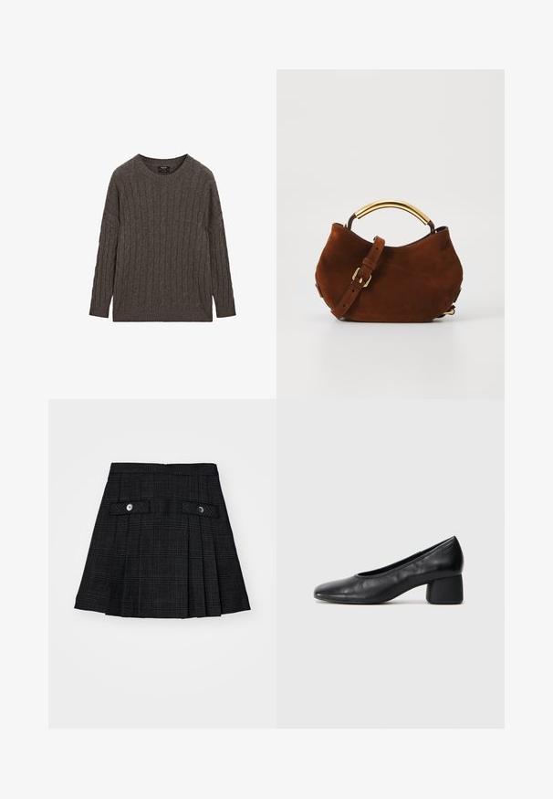 Dunkelgrauer Kabelstrick-Pullover mit Rundhalsausschnitt, langen Ärmeln sowie gerippten Bündchen und Saum, flach auf weißem Hintergrund ausgelegt.; Schwarzer gefalteter Rock mit subtilen Karomuster, zwei vorderen Klappentaschen, jeweils mit einem schwarzen Knopf gesichert, vor einem weißen Hintergrund präsentiert.; Schwarze Lederpumps mit runder Zehenpartie und mittelhohem Blockabsatz. Glatte Textur mit minimalen Details, ausgestattet mit einem dezenten elastischen Einstieg.; Braune Wildleder-Handtasche mit einem geschwungenen Griff aus goldfarbenem Metall, verstellbarem Trageriemen und weicher Textur. Verfügt über ein minimalistisches Design und keine sichtbaren Beschläge.