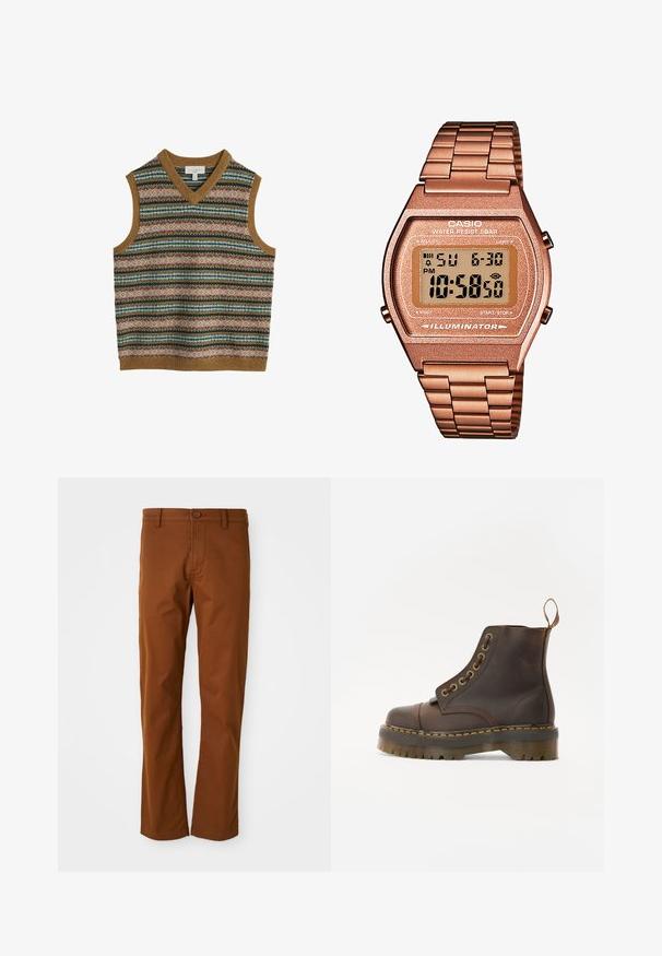 Męska bezrękawnik z dzianiny z wielokolorowymi poziomymi wzorami fair isle oraz brązowym ściągaczem na dekolcie, otworach na ramiona i u dołu.; Jasnobrązowa, długosleeve koszula z guzikami i kołnierzykiem, wykonana z teksturowanej tkaniny. Posiada małe logo na klatce piersiowej.; Brązowe bawełniane spodnie o regularnym kroju, z zapięciem na guzik, paskami na pasek oraz prostymi nogawkami. Gładka tekstura bez wzorów.; Brązowy skórzany botek do kostki z okrągłym noskiem, kontrastującym żółtym przeszyciem, dekoracyjnymi metalowymi oczkami i żłobioną gumową podeszwą.; Cyfrowy zegarek Casio z różowo-złotą metalową bransoletą, prostokątną kopertą, podświetlanym wyświetlaczem i wodoodpornością, pokazujący czas i datę.