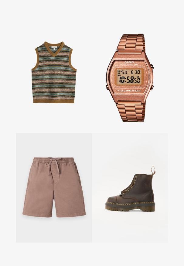 Ärmellose Strickweste für Herren mit mehrfarbigen, horizontalen Fair-Isle-Mustern und braunen Rippbündchen am Kragen, Armausschnitten und Saum.; Hellbraunes, langärmeliges Hemd mit Knopfleiste und Kragen, aus einem strukturierten Stoff gefertigt. Mit einem kleinen Logo auf der Brust.; Hellbraune Shorts aus weichem Material mit einem elastischen Bund und Kordelzug. Verfügt über seitliche Taschen und ein lässiges Design.; Braune Leder-Ankleboots mit runder Spitze, kontrastierenden gelben Nähten, dekorativen Metallösen und rutschfester Gummisohle.; Digitaluhr von Casio mit einem roségoldenen Metallarmband, rechteckigem Gehäuse, beleuchtetem Display und Wasserfestigkeit, zeigt Uhrzeit und Datum an.