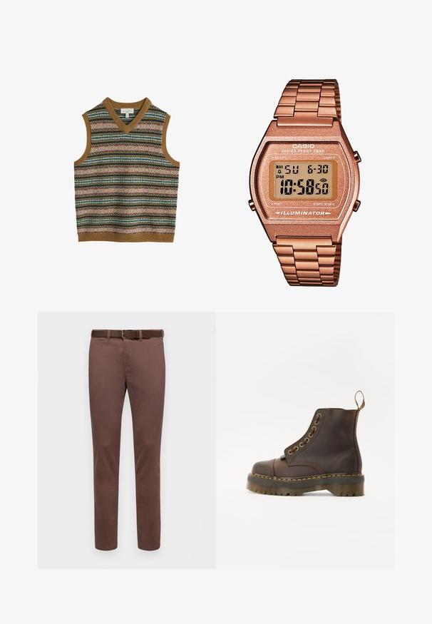 Muška bezrukavna pletena prsluka s višebojnim horizontalnim fair isle uzorcima i smešnim rebrastim rubom na izrezu, otvorima za ruke i donjem rubu.; Svijetlosmeđi sako dugih rukava s gumbima i ovratnikom, izrađen od teksturirane tkanine. Sadrži mali logo na prsima.; Smeđe pamučne hlače ravnog kroja, s glatkom teksturom i usklađenim pojasom. Bez vidljivih uzoraka ili akcenata.; Smeđe kožne čizme do gležnja s okruglim vrhom, kontrastnim žutim šavovima, dekorativnim metalnim rupicama i zupčastom gumom.; Digitalni Casio sat s metalnom narukvicom u ružičastom zlatu, pravokutnim kućištem, osvijetljenim zaslonom i vodootpornošću, prikazuje vrijeme i datum.