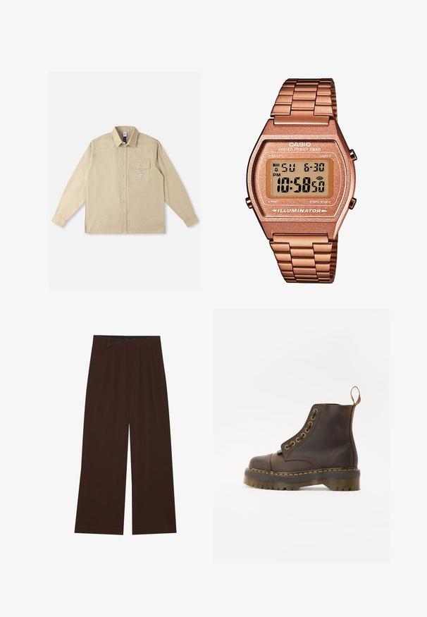 Moški brezrokavnik iz pletenine z večbarvnimi vodoravnimi fair isle vzorci in rjavim rebrastim pasom pri vratu, armhole-ih in robu.; Bež dolg rokav srajca iz bombažnega blaga, s klasičnim ovratnikom, gumbi na sprednji strani, enim žepom na prsih in znamkno oznako na žepu.; Rjave široke hlače s plisami. Narejene iz gladkega materiala, s prilagojenim pasom in stranskimi žepi. Ravna obroba na dnu.; Rjavi usnjeni gležnjarji z okroglim prstom, kontrastnim rumenim šivom, dekorativnimi kovinskimi očesci in zarezanem gumijastem podplatu.; Digitalna Casio ura z rožnato zlato kovinsko zanko, pravokotno ohišje, osvetljen prikaz, vodoodpornost, ki prikazuje čas in datum.